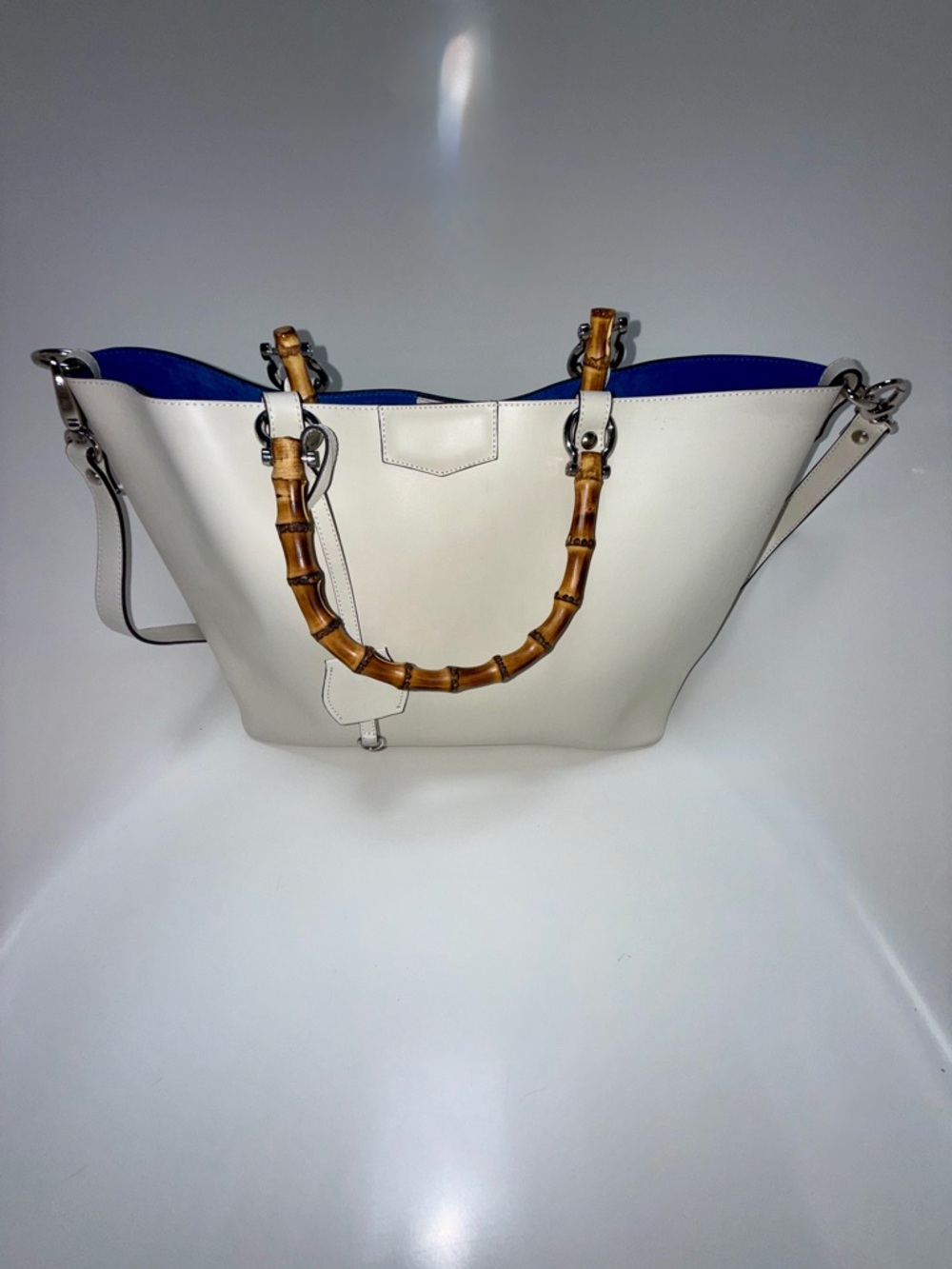 Designer Inspired Ivory Leather Tote Bamboo Handles